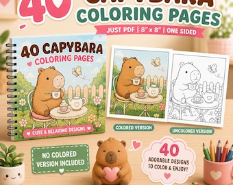 40 kleurplaten van capibara's (PDF) | Leuk kleurboek met capibara's | Printbare digitale download | 20 x 20 cm | Voor kinderen en volwassenen