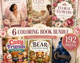 May include: A bundle of six colouring books featuring various cover illustrations including a person in a robe, floral arrangements, teddy bears, and a Cinderella theme. The central text reads 6 COLOURING BOOK BUNDLE and 192 PAGES in a circular badge.