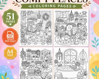 51 Cozy Coloring Pages | Comfy Places Coloring Book | Cute Interior Scenes | Stress Relief Printable Coloring Book