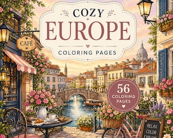 Gezellig Europees Kleurboek | 56 Ontspannende Europese Scènes | Leuke Reis- & Huisjes Kleurplaten | Printbare Digitale Download