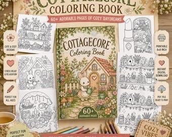60+Cottagecore Coloring Pages Printable | 8x8 Inch Square PDF, Cozy Nature Adult Coloring Pages, Instant Download
