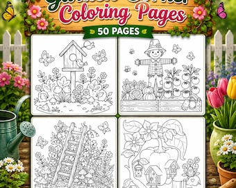 Kleurplaten van een gezellig tuintje | Printbare, vrolijke en makkelijke kawaii-tuinafbeeldingen met bloemen en bosdieren in cottagecore-stijl | PDF