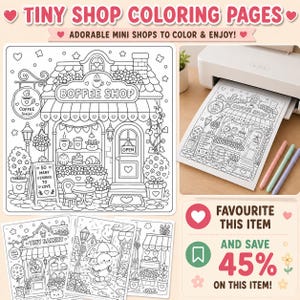 May include: A collection of printable coloring pages featuring line art of a coffee shop with the text BOFFEE SHOP, a tiny bakery, and a character with an umbrella. The pages show detailed storefronts, pastries, and signs with text.