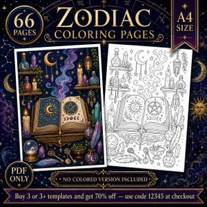 Peut inclure: Une collection numérique de 66 pages de coloriage zodiaque au format A4 présentant un grimoire ouvert, des cristaux, des bougies, des fioles et des motifs célestes. L'ensemble inclut des exemples en couleur et des dessins au trait noir et blanc.