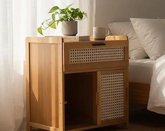 ミニマルな竹製ナイトスタンド、スライドドア付きのボヘミアン風素朴なベッドサイドテーブル、木製寝室収納