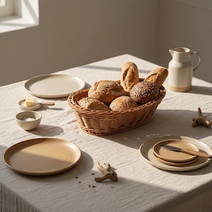 May include: A rustic wicker basket filled with various types of bread, including rolls and loaves, sits on a white tablecloth.  Accompanying the bread are ceramic plates, a small bowl with salt, and a pitcher. The scene is bathed in natural light.