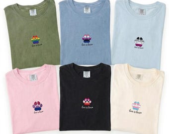 Love Is Love Paw Embroidered Shirt, LGBTQ Pride Comfort Colors Tee, Rainbow Pet Lover Shirt, Queer Ally Gift, Dog Cat Mom Tee