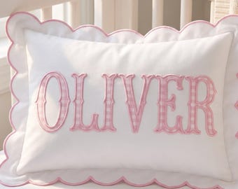 Personalized Baby Name Pillow Cover, Embroidered Scalloped Nursery Pillow, Custom Baby Name Cushion, Baby Shower Gift, Baby Room Decor