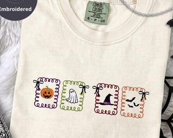 Spooky Season Stamp Embroidered Shirt, Cute Halloween Comfort Colors Tee, Ghost Pumpkin Witch Hat Bat Fall Shirt, Halloween Gift