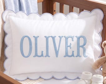 Personalized Embroidered Pillow Cover, Custom Baby Name Pillow, Scalloped Nursery Pillow, Baby Shower Gift