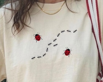 Embroidered Ladybug Ant Shirt, Comfort Colors Insect Tee, Cottagecore Nature Shirt, Minimal Bug Embroidery Tee, Gift for Her