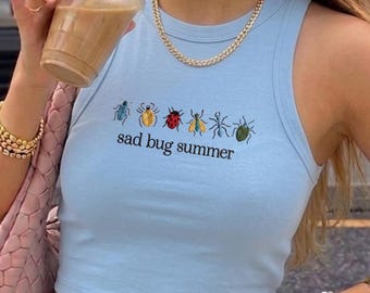 Sad Bug Summer Embroidered Tank Top, Cottagecore Insect Crop Tee, Y2K Minimal Nature Aesthetic Shirt, Gift for Her
