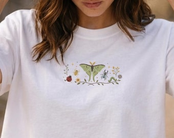 Embroidered The Last of the Bugs Boxy Cropped Tee,  Luna Moth Shirt, Bee Ladybug Nature Crop Top, Cottagecore Bug Shirt, Gift for Her