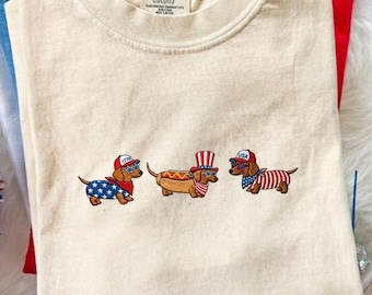 Patriotic Dachshund Embroidered Shirt, Comfort Colors Doxie Tee, 4th of July Dog Shirt, USA Wiener Dog Gift, Americana Puppy Tee