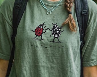 Embroidered Dancing Lady Bugs Shirt, Ladybug Tee, Comfort Colors Shirt, Cottagecore Nature Lover Gift, Cute Minimal Bug Shirt