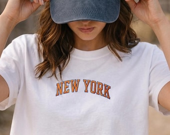 New York Basketball Embroidered Boxy Crop Tee, NYC Crop Top, Y2K Aesthetic Tank, Minimalist City Hoop Shirt, New York Sports Gift for Her