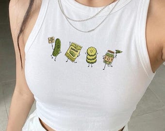 Happy Pickle Doodle Embroidered Tank Top, Cute Pickle Lover Y2K Baby Tee, Funny Snack Character Shirt, Foodie Gift for Her