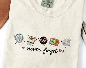 Never Forget Retro Embroidered Shirt, Cute 90s Nostalgia Comfort Colors Tee, Vinyl Record Cassette Camera TV Music Gift