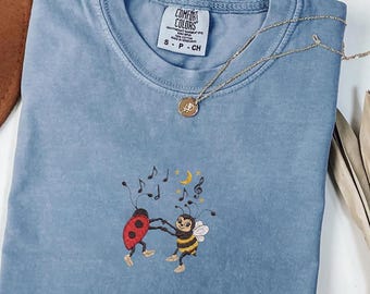 Cute Bee Ladybug Embroidered Shirt, Dancing Bugs Comfort Colors Tee, Garden Insect Shirt, Cottagecore Gift, Nature Lover Tee