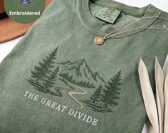 Mountain Forest Embroidered Comfort Colors T-Shirt, Great Divide Mountain Tee, Nature Lover Gift, Hiking Shirt