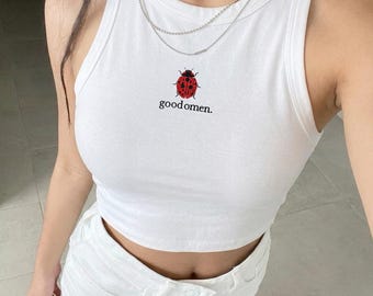 Good Omen Ladybug Embroidered Baby Tee, Cute Coquette Crop Top, Y2K Aesthetic Tank Top, Nature Lover Gift for Her
