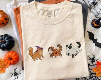 Cute Halloween Cat Embroidered Shirt, Comfort Colors Black Cat Tee, Spooky Ghost Pumpkin Cat Shirt, Witch Cat Shirt , Fall Cat Lover Gift