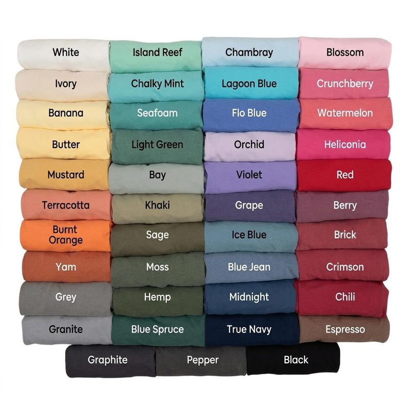 May include: A colour chart showing fabric swatches in various shades. The swatches are labelled with colour names such as white, blue, pink, green, and orange. The chart displays a wide spectrum of colours.