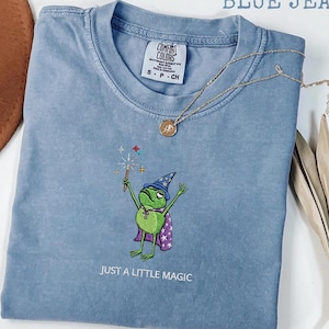 May include: A light blue t-shirt with an embroidered green frog wearing a wizard hat and cape, holding a wand. The text "JUST A LITTLE MAGIC" is below the frog. A gold necklace is draped across the shirt.