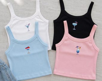 Patriotic Drinks Embroidered Baby Tee, American Cocktail Shirt, 4th of July Crop Top, USA Summer Party Top, Gift for Her