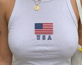 Embroidered America Flag Crop Tank Top, Custom 4th of July Shirt, Cute Patriotic Coquette Top, Summer USA Graphic Tee, Gift for Her