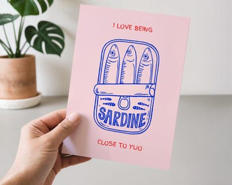 Tarjeta de San Valentín "Me encanta estar cerca de ti" / Linda tarjeta de amor con sardinas / Divertida tarjeta de San Valentín imprimible / Tarjeta de amor digital con descarga digital