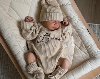 Personalized Knit Baby Romper with Ruffled Legs, Newborn Gift Set, Topknot or Beanie and Booties