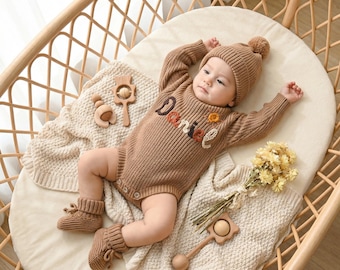 Knit Romper, Personalized Baby Name Romper - Chunky Knit Ruffle Leg Embroidery,  Newborn Gift, Topknot or Beanie and Booties
