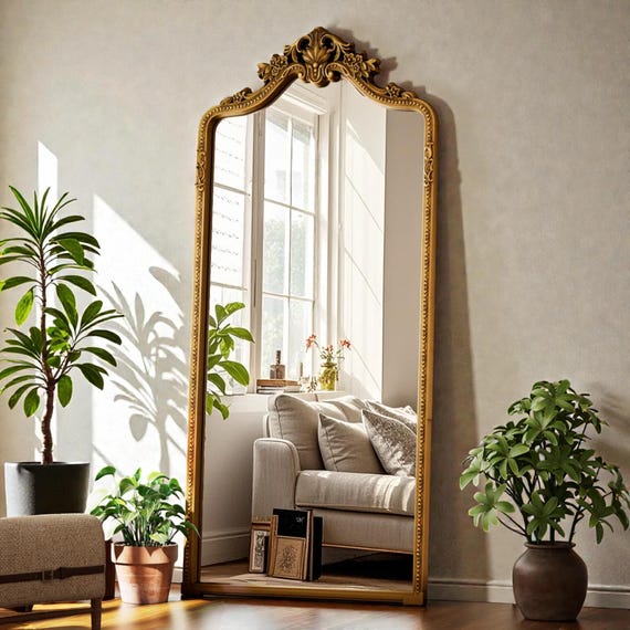 Arched Full Length Floor Mirror, Luxury Ornate Carved Frame, 71x32 Inches