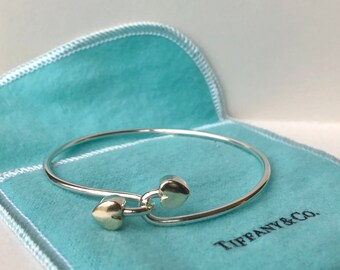 TIFFANY CO Sterling Silver 18K Gold Double Heart Bangle Bracelet