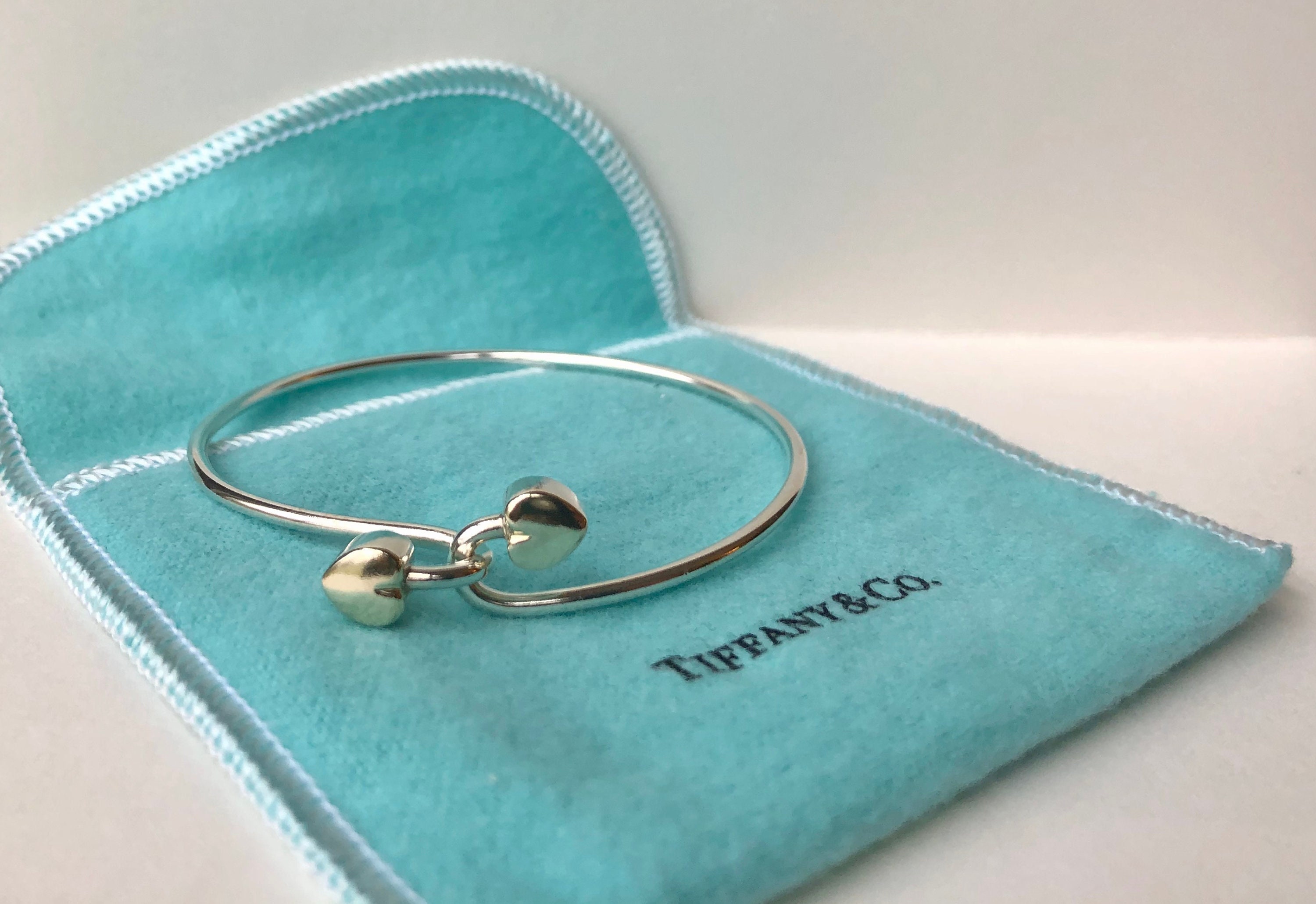 TIFFANY CO Sterling Silver 18K Gold Double Heart Bangle Bracelet