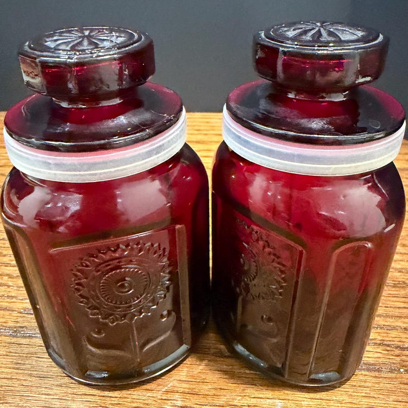 Vintage Wheaton NJ Ruby Red Glass Sunflower Apothecary Bottles Set of 2 image 8