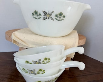 Fire-King Meadow Green Milk Glass Mixing Bowl and Handled Soup Bowls Set of 4
