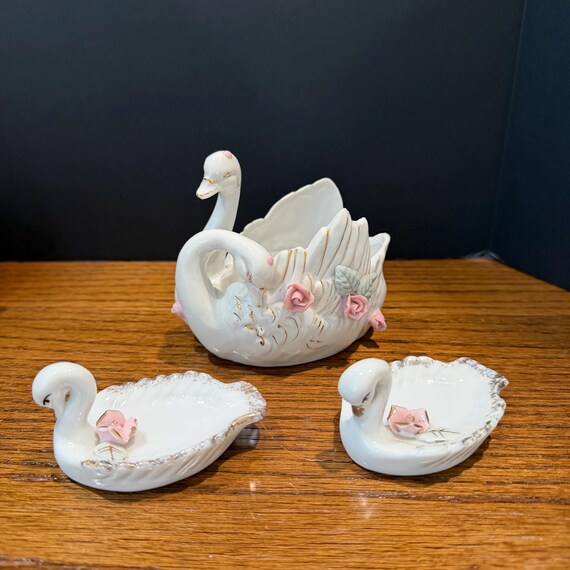 Vintage Porcelain Swan Trinket Dish Set – Hand-Painted Roses, Gold Accents