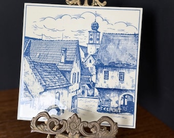 Konig Delfter Blau Holland Ceramic Tile Vintage European Village Blue White
