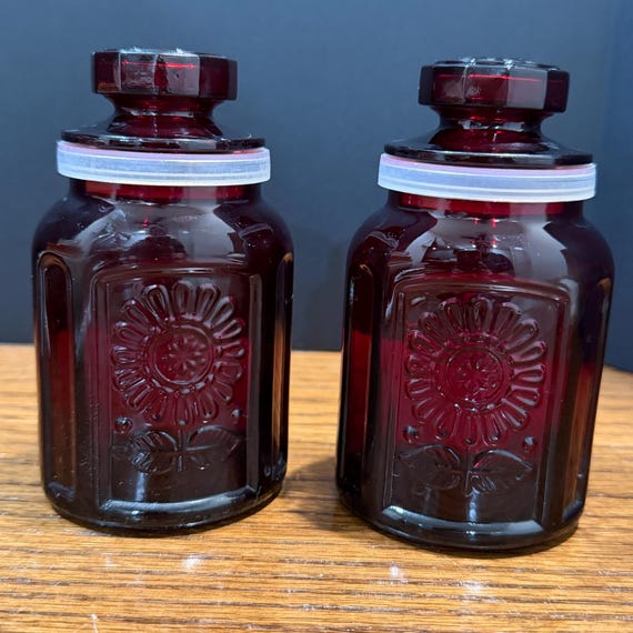 Vintage Wheaton NJ Ruby Red Glass Sunflower Apothecary Bottles Set of 2