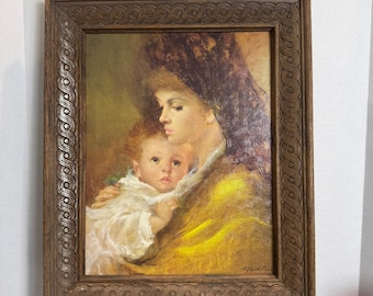 Cuadro antiguo de A. Gentilini con retrato de madre e hijo, enmarcado en madera tallada de 14x17 pulgadas (14x17 pulgadas).