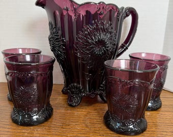 Mosser Glass Dahlia Amethyst Pitcher 4 Tumblers Purple Water Set