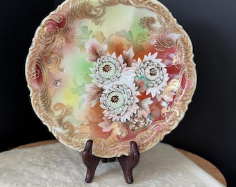 Vintage Japanese Porcelain Floral Bowl 8” Hand Painted Moriage Decor