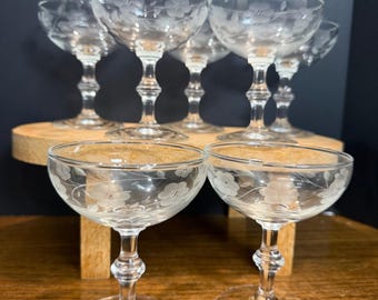 Vintage Etched Floral Champagne Coupe Glasses Set of 13 Mid Century Sherbet