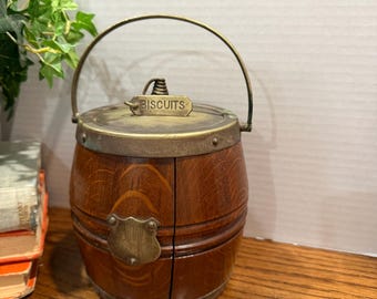 Antique English Oak Biscuit Barrel, Victorian EPNS Silver Plate Lid, Ceramic Liner Cookie Jar