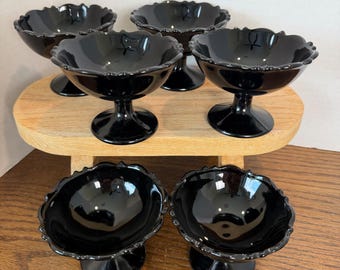 L.E. Smith Mt. Pleasant Black Amethyst Glass Sherbet Cups Set 6 Vintage