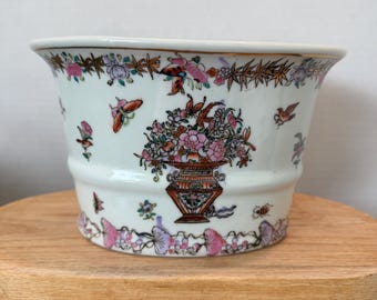 Vaso per orchidee cinese vintage Famille Rose in porcellana dipinta a mano con farfalle floreali Jardiniere Chinoiserie