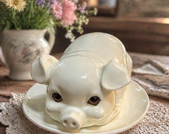 Mantequera vintage de cerdo de Quon Quon, Japón, de 1980 / Plato de cerámica con tapa con forma de cerdo / Decoración de cocina rústica estilo cottagecore / Regalo adorable para coleccionistas de cerdos