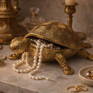 Large Vintage Brass Turtle Trinket Box Jewelry Holder Hinged Shell Gold Tone Decor Coastal Boho Vanity Storage 8” x 7.5”